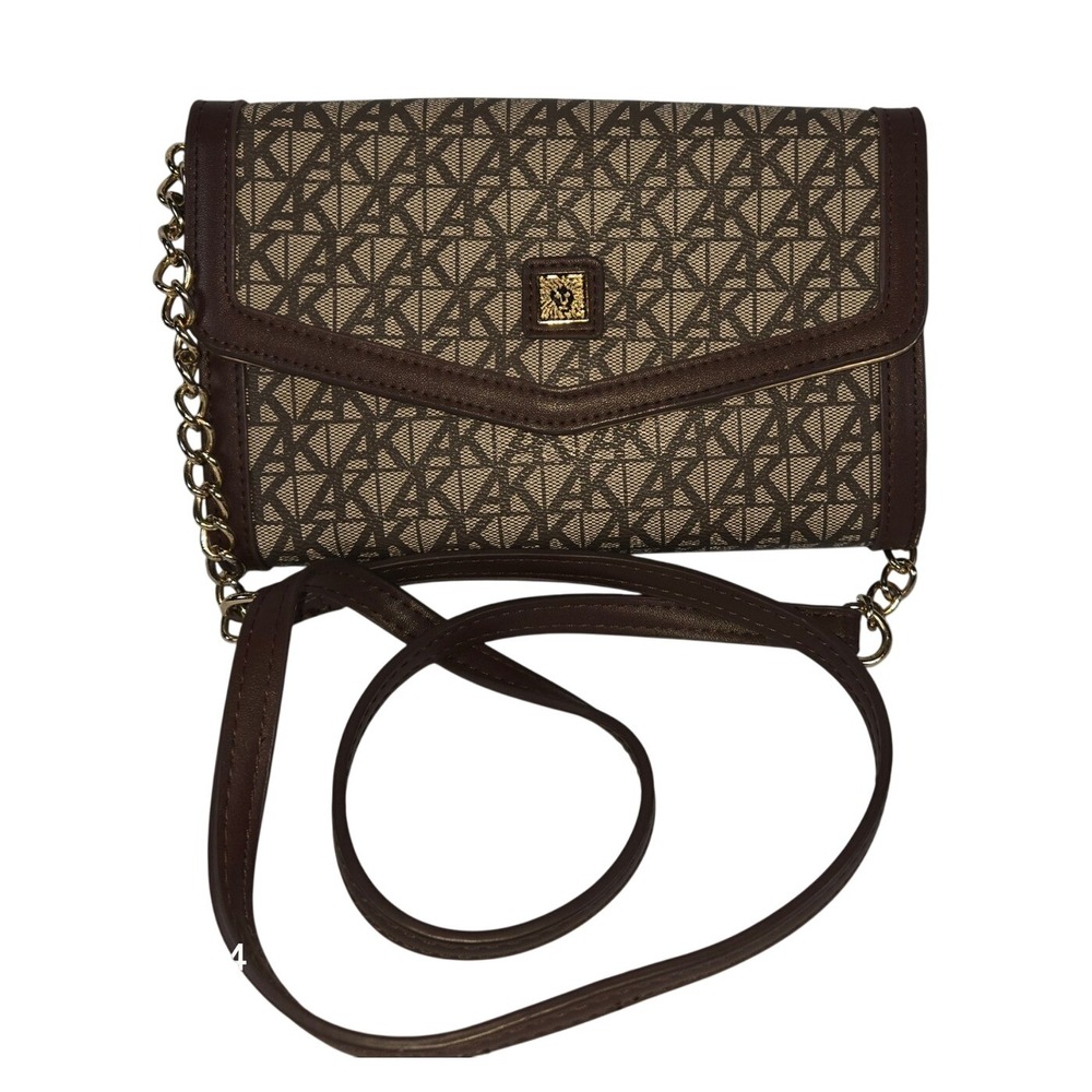 Anne Klein Brown Logo Print Chain Strap Wallet Crossbody Bag